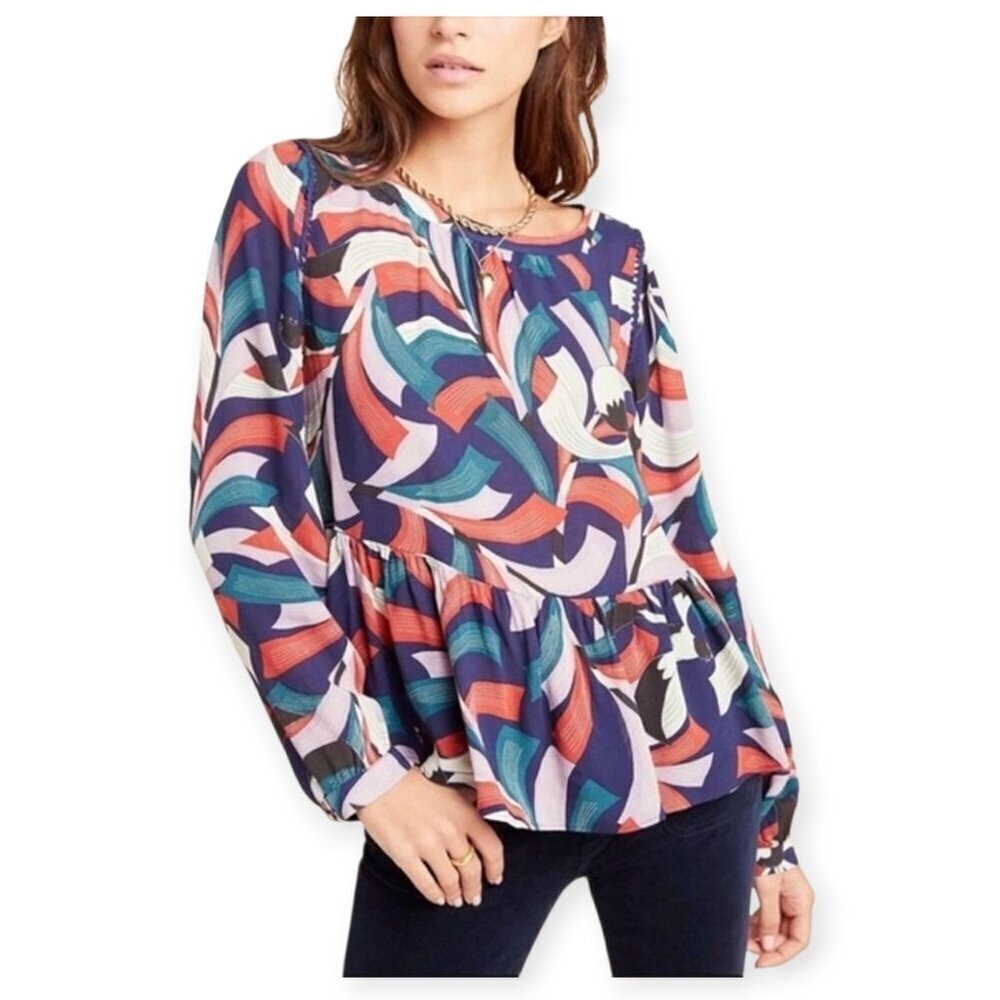 Anthropologie Maeve XS Peplum Bird Print Blouse Navy Brick Red Green Viscose